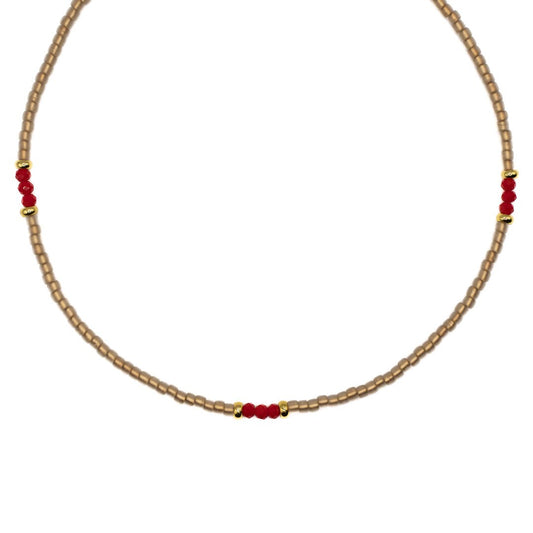 GOLD AND RED SEED BEAD CHOKER
