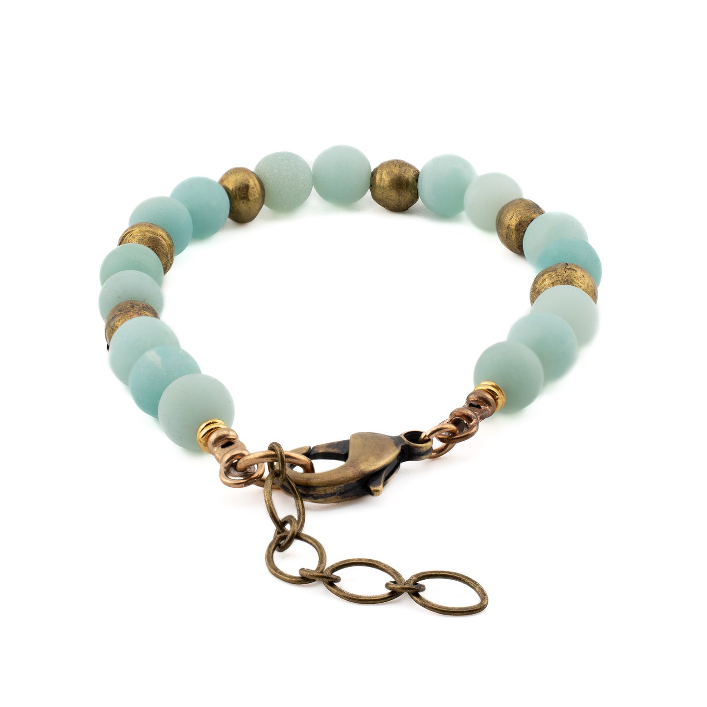 Back view of Amazonite Yoga Bracelet with bronze hardware and brass accents, artisan gemstone jewelry handmade in the US.