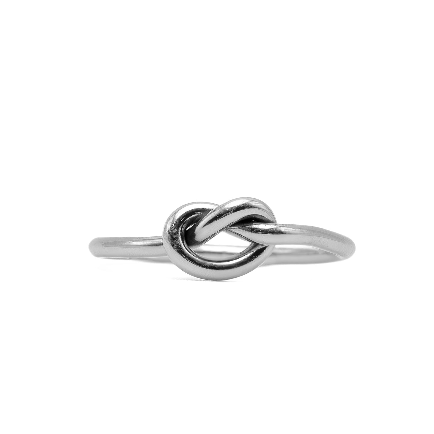 Straight-on view of Big Knot stacking ring in sterling silver, durable handmade knot design