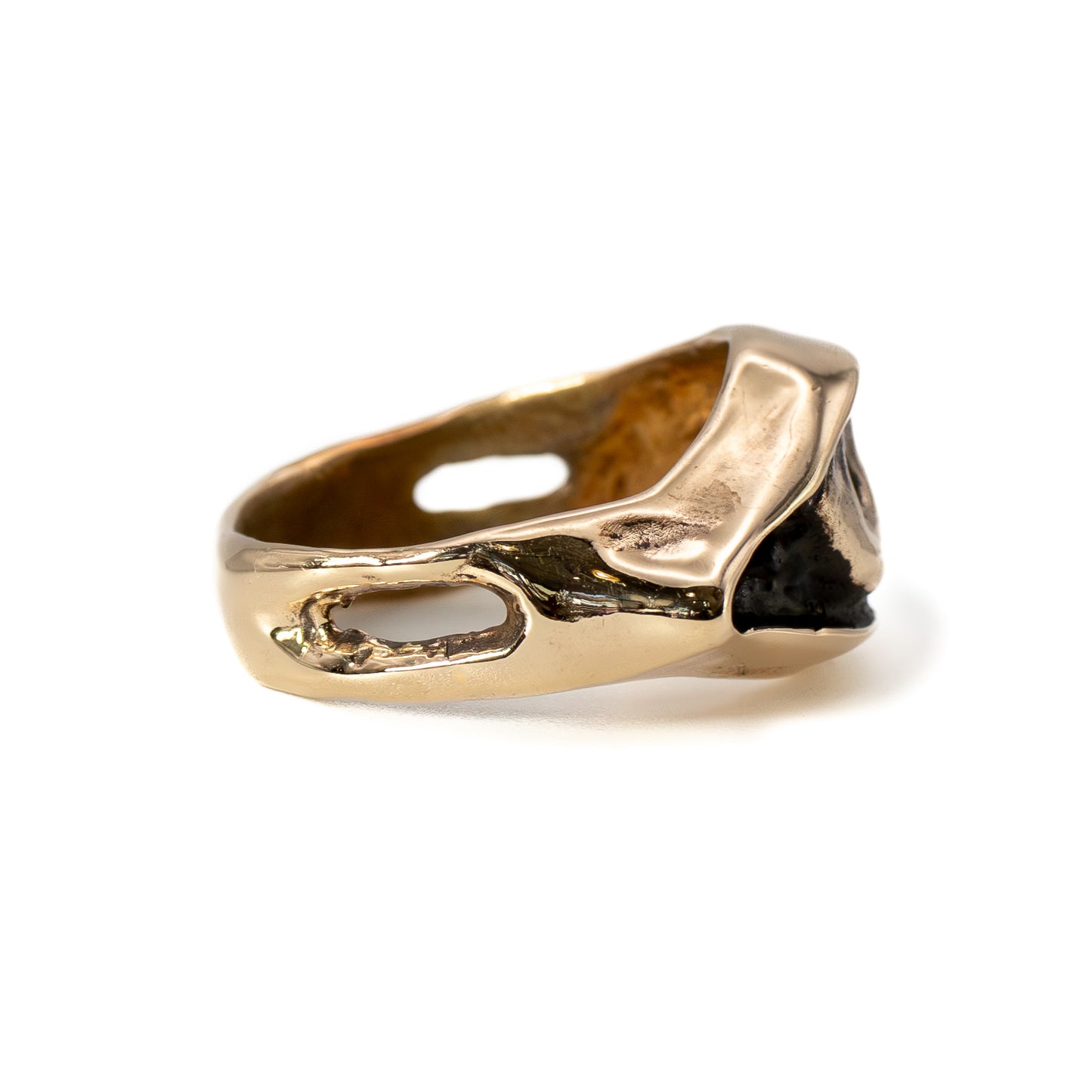 Side view of cast bronze Evil Eye ring, artisan handmade statement jewelry with symbolic design