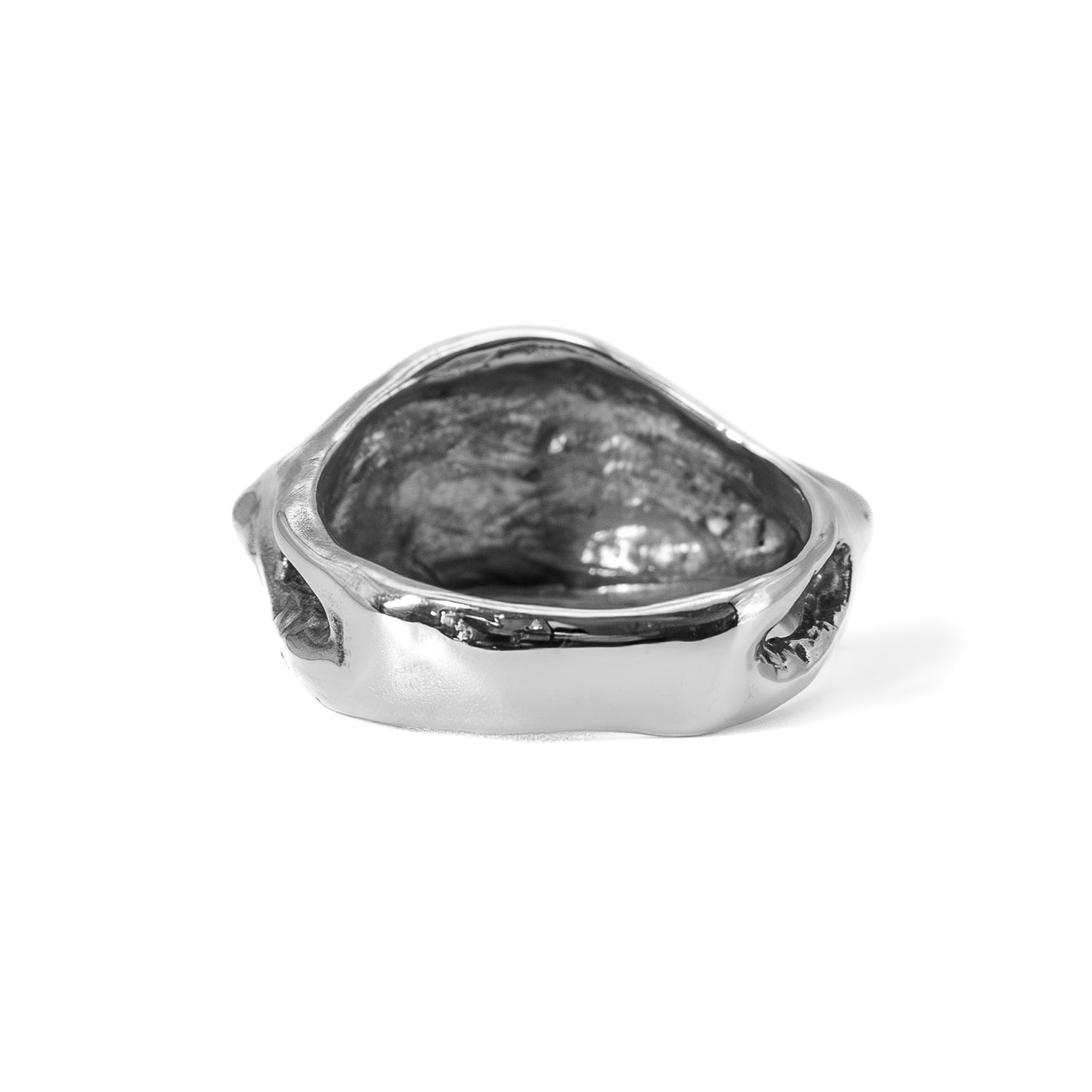 Back view cast silver Evil Eye ring, symbolic handmade jewelry from Austin, Texas