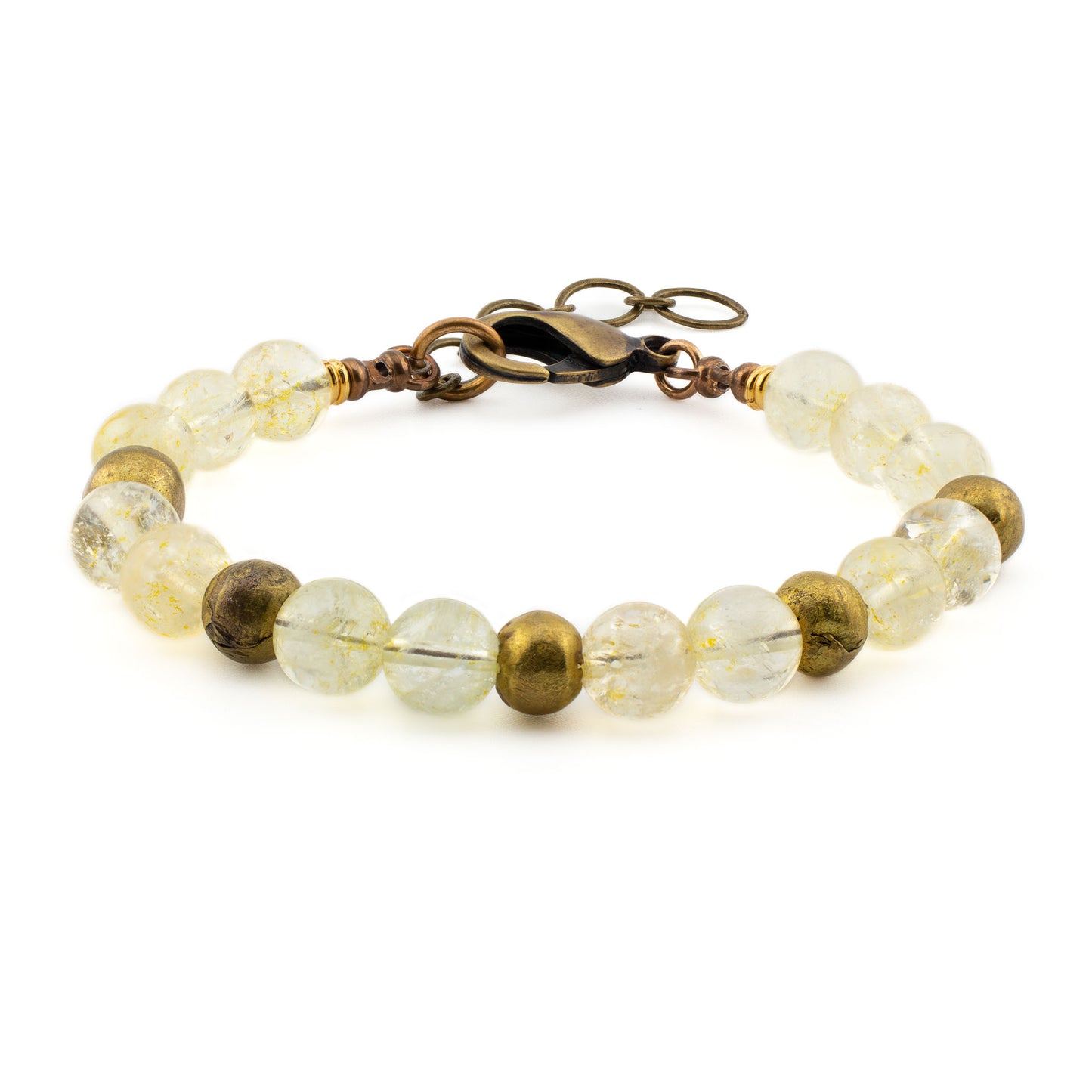 Front view of handmade Citrine Yoga Bracelet with natural citrine stones, sand cast brass beads, and bronze hardware, crafted in Austin, Texas.
