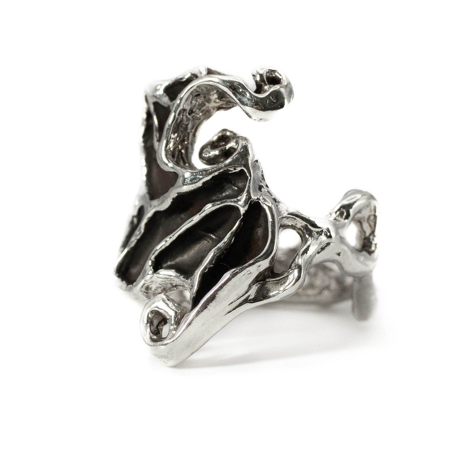Close-up of Dark Crystal Ring in sterling silver with textured design, funky artisan jewelry from Texas