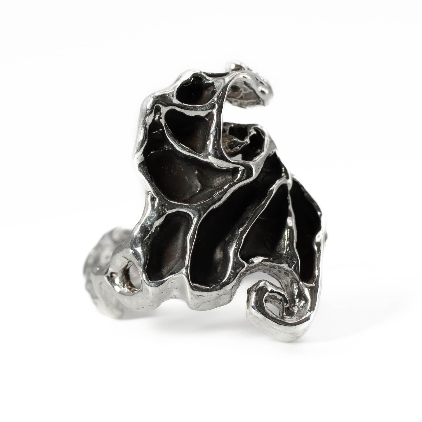 Side angle of Dark Crystal Ring in sterling silver, fantasy-inspired artisan jewelry made in Texas