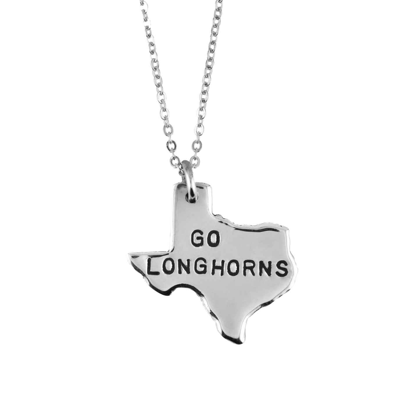 Silver necklace with a Texas-shaped pendant reading 'GO LONGHORNS' on a white background