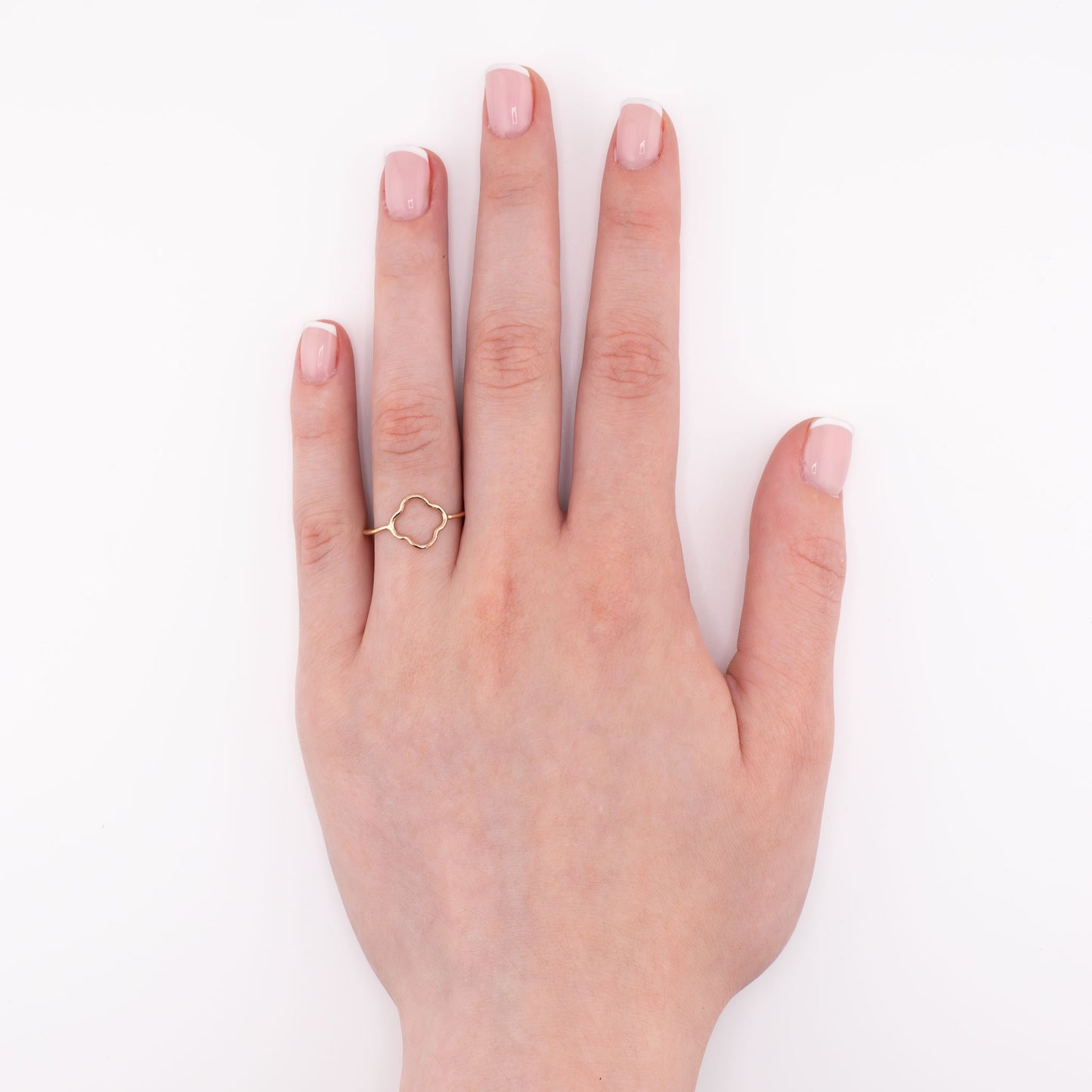 Gold flower ring on hand, 14k gold-filled minimalist floral stacking ring
