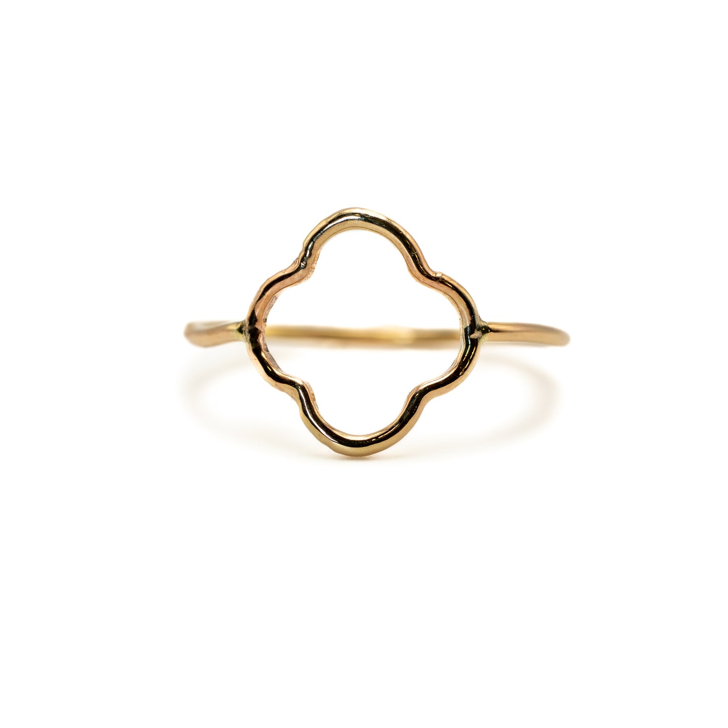 Straight-on view of gold flower ring in 14k gold-filled, minimalist stacking ring
