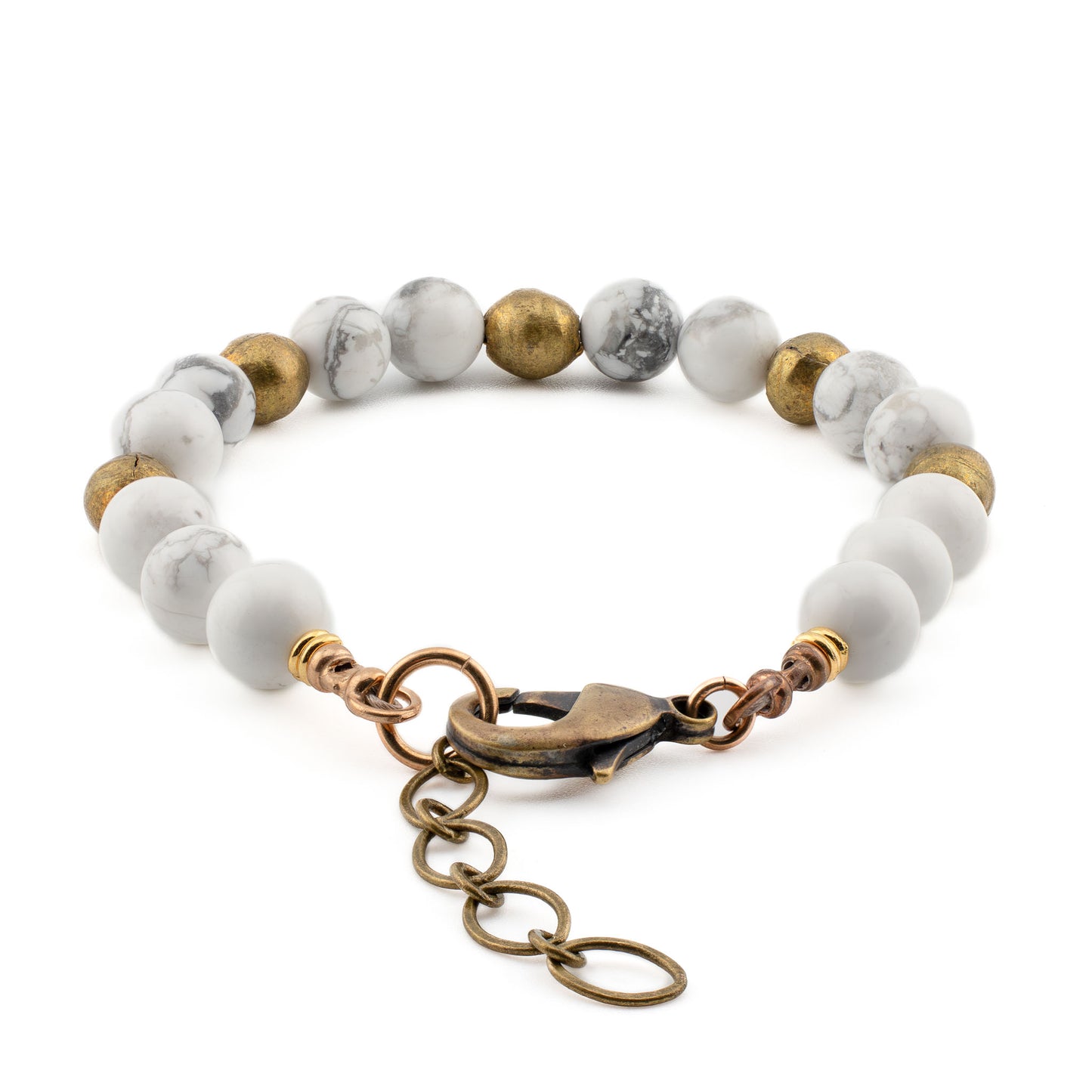 Back view of Howlite Yoga Bracelet with brass hardware, artisan gemstone jewelry for yoga and mindfulness.