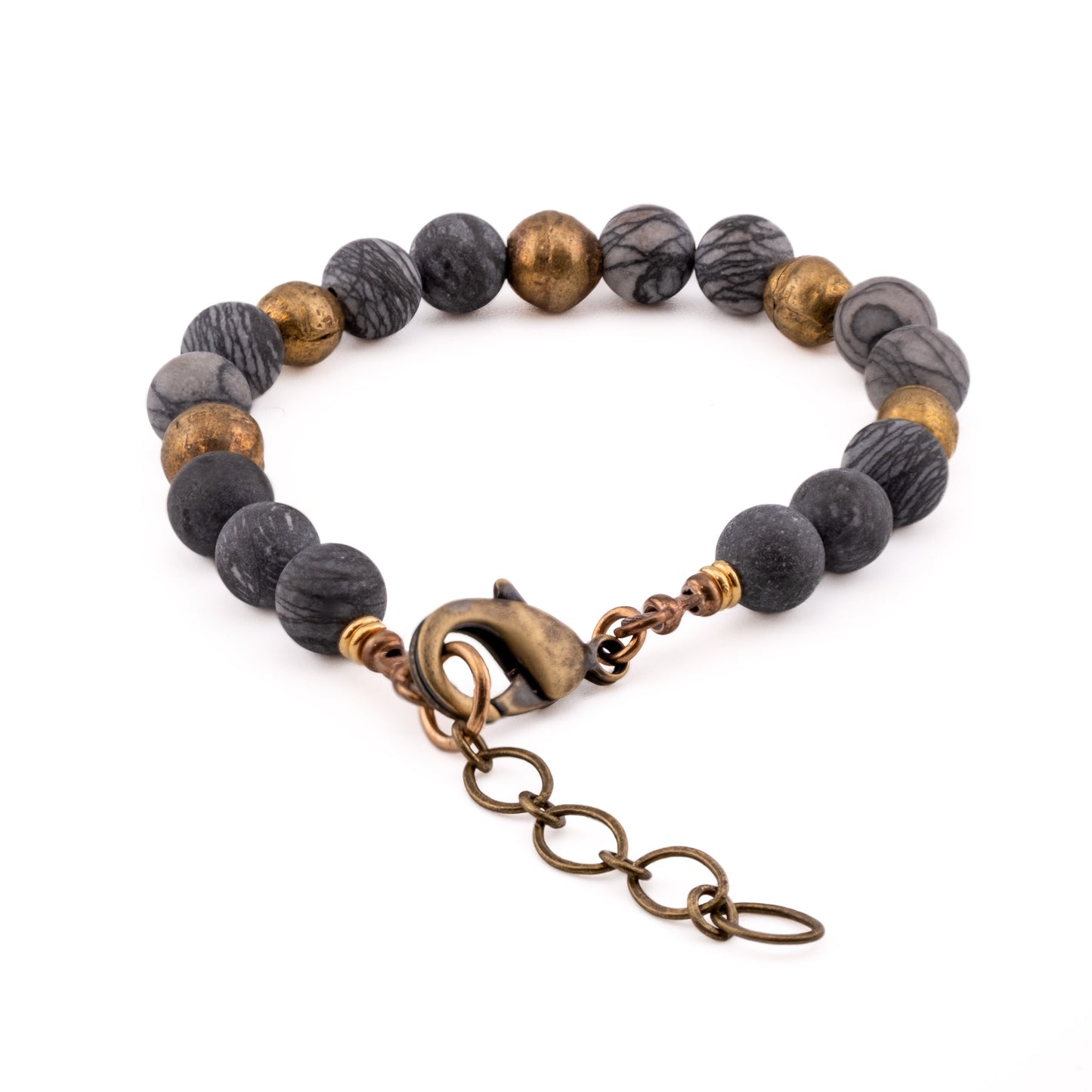 Back view of Map Jasper Yoga Bracelet with brass hardware, artisan gemstone jewelry for yoga and mindfulness.