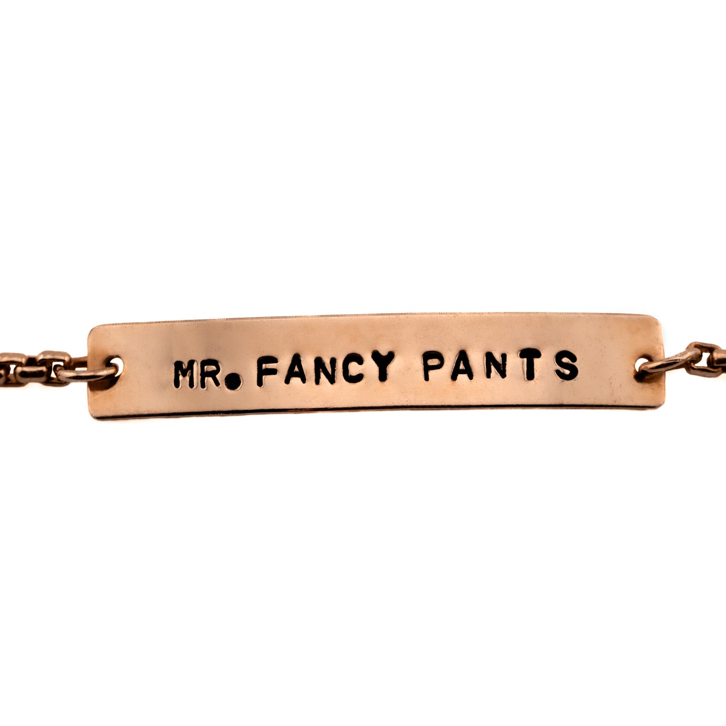 Funny bronze bracelet gift for him, Mr Fancy Pants design, on white background