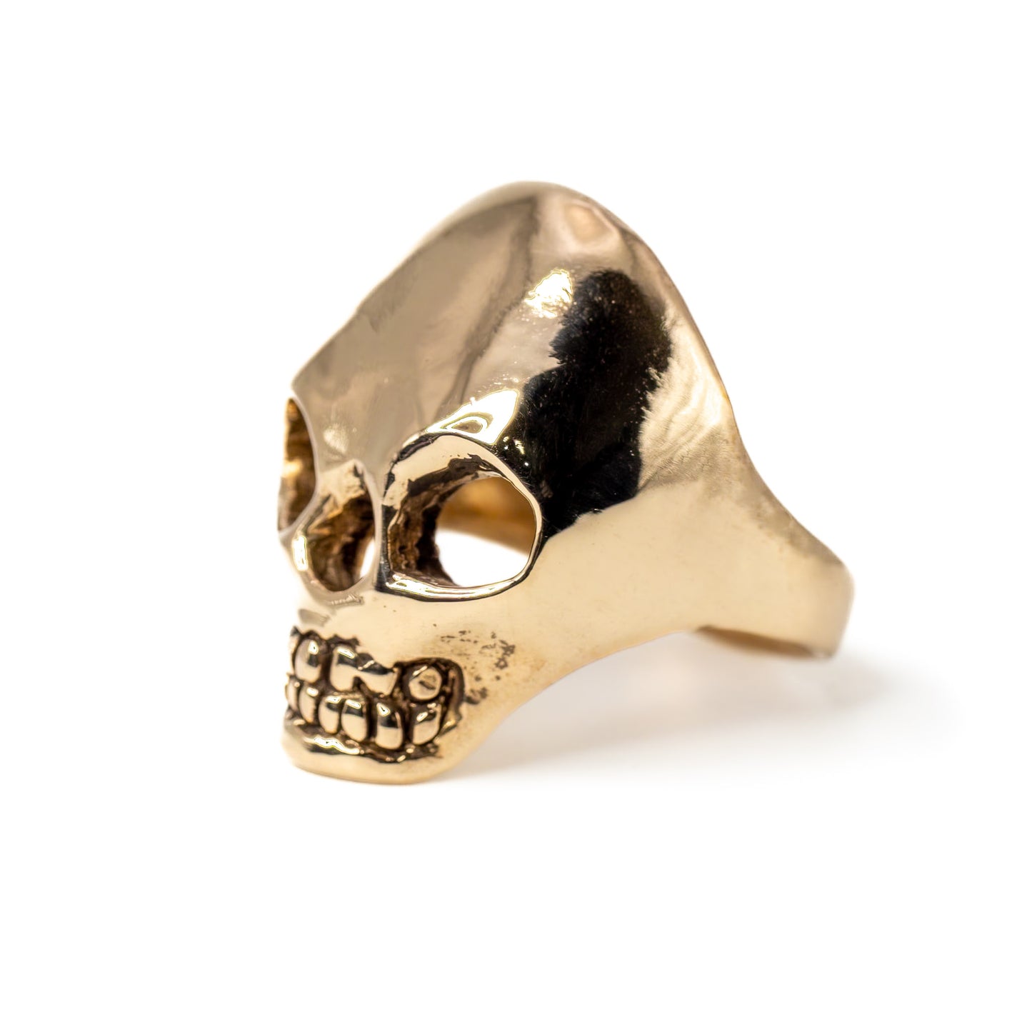 Angled view of bronze Skull Ring, handmade men’s and women’s skull jewelry made in Texas, USA
