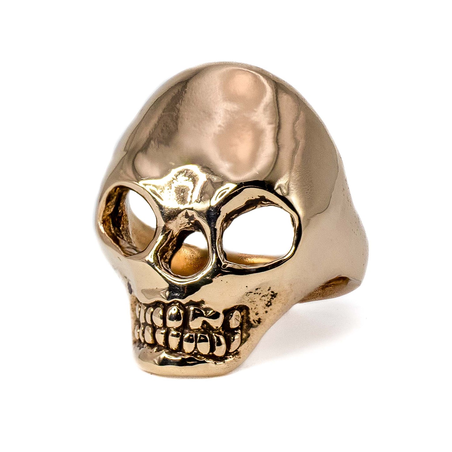 Side angle of bronze Skull Ring, artisan men’s ring and women’s ring made in Texas, USA