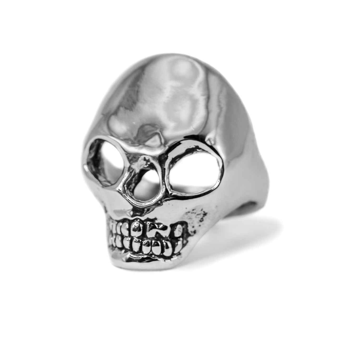 Side angle of sterling silver Skull Ring, artisan men’s ring and women’s ring made in Texas, USA