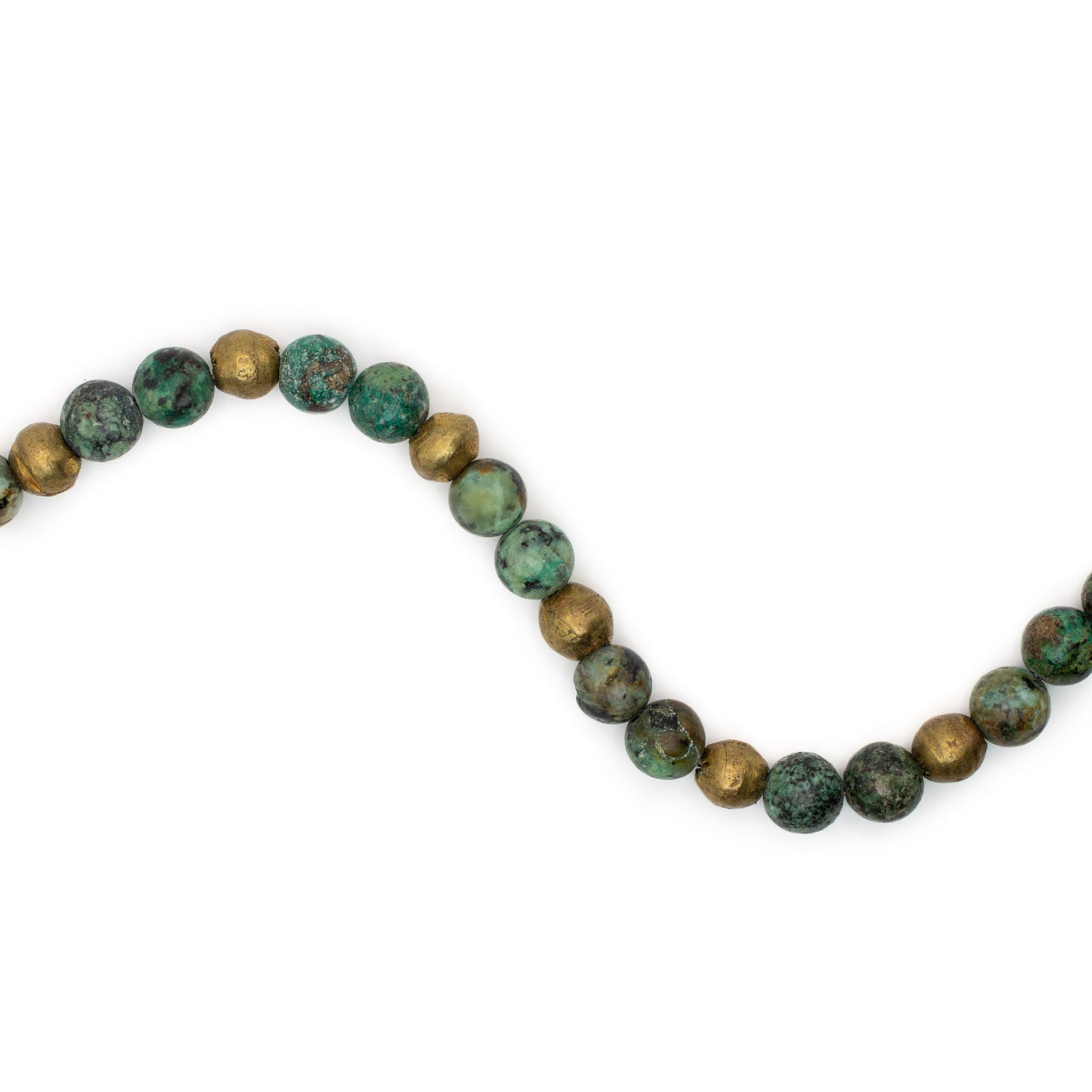 Close-up of polished turquoise beads with natural veining, wave shape, protective meditation bracelet handmade in Austin.