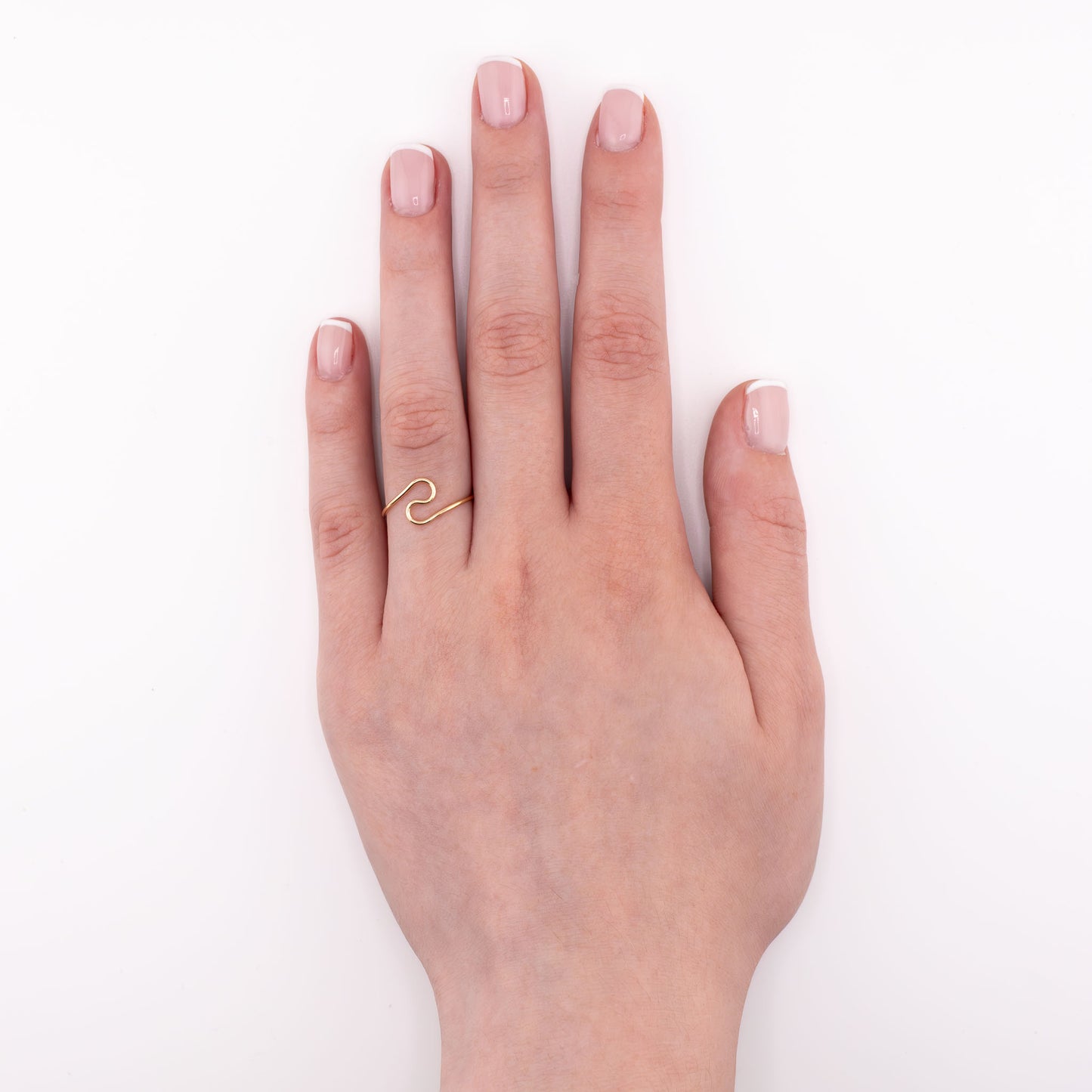 14k gold-filled Wave stacking ring worn on hand, water-safe minimalist ocean jewelry for everyday stacking