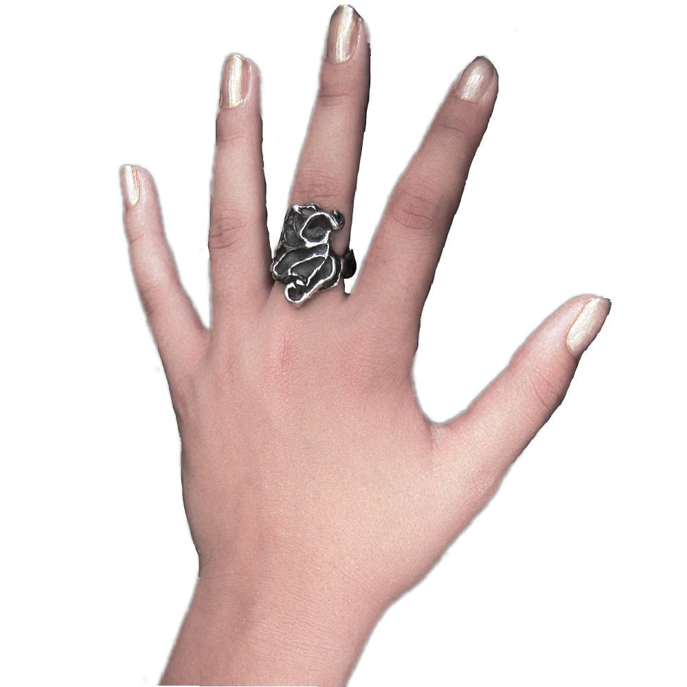 Dark crystal ring in sterling silver on hand model white background