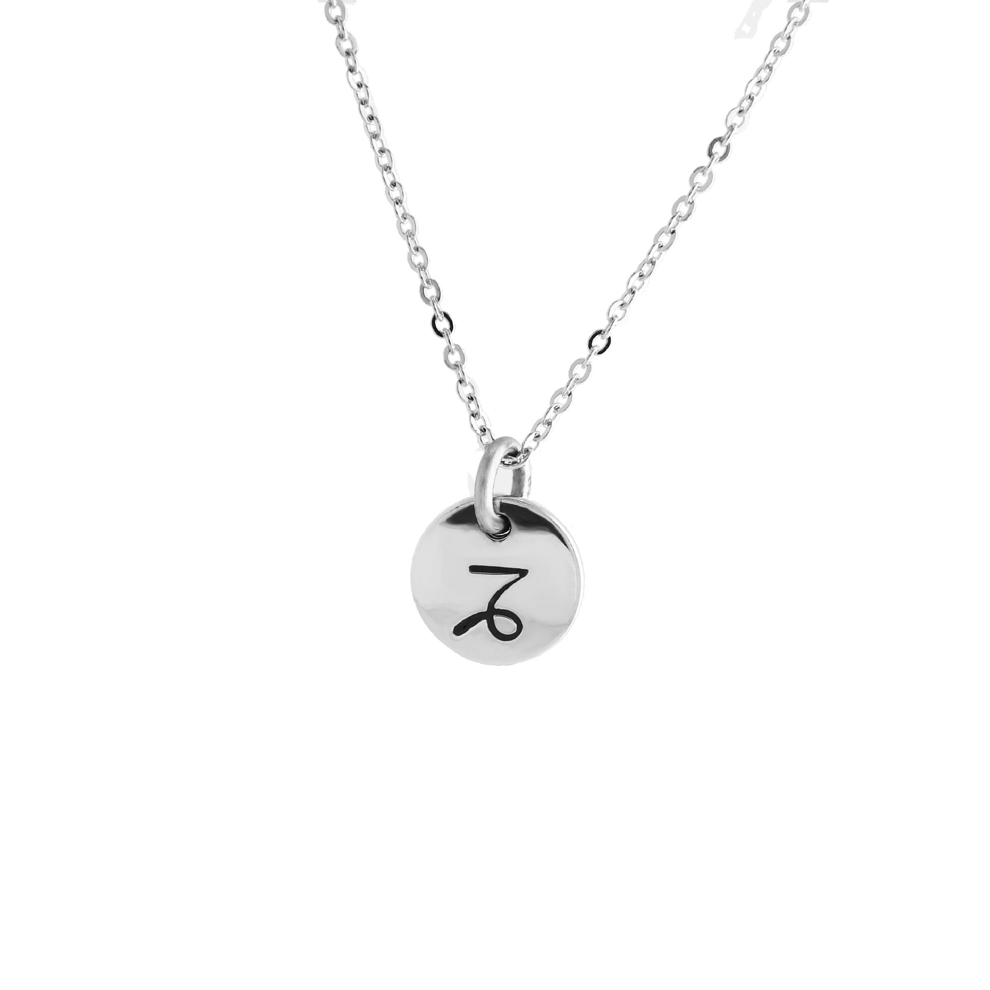 A silver charm necklace with a disc-shaped charm featuring the Sagittarius zodiac symbol.