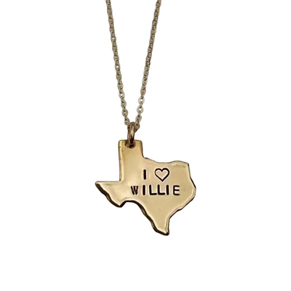 Gold necklace with Texas-shaped pendant reading 'I ❤️ WILLIE' on a white background