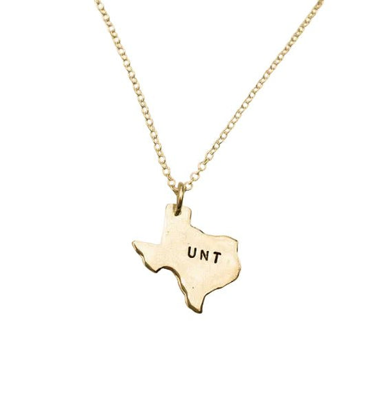 Gold necklace with a Texas-shaped pendant displaying 'UNT' on a white background