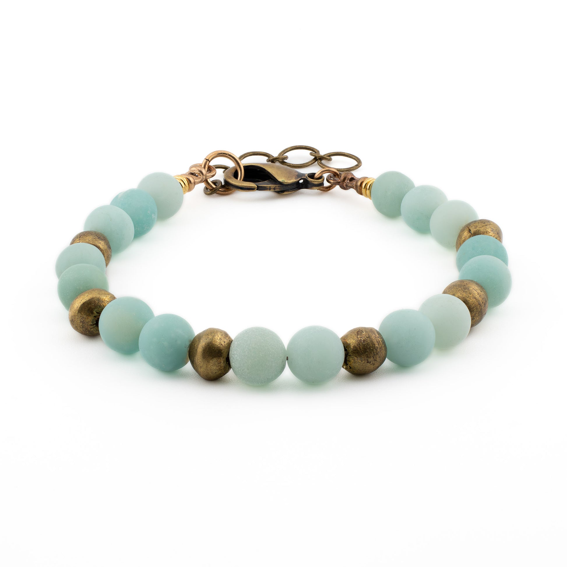 Front view of handmade Amazonite Yoga Bracelet with natural amazonite stones, sand cast brass beads, and bronze hardware, crafted in Austin, Texas.