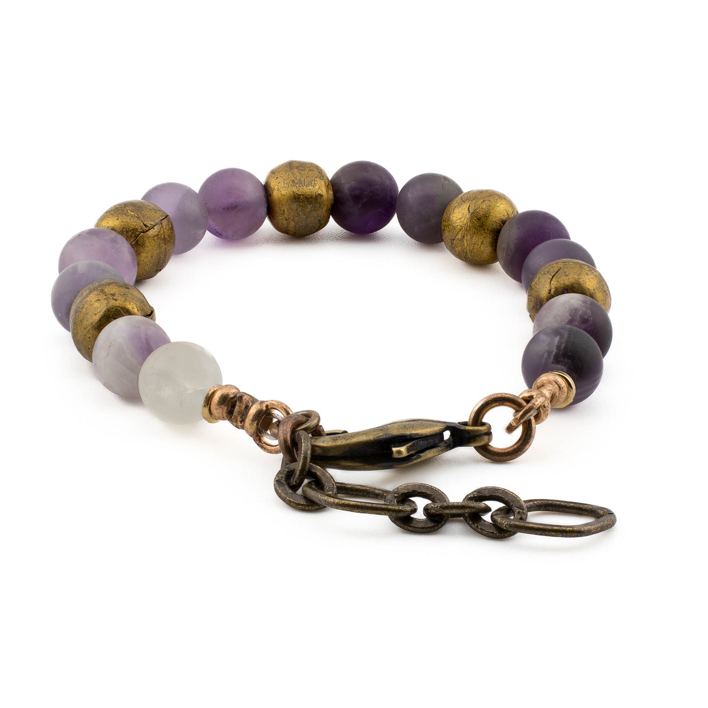 Back view of Amethyst Yoga Bracelet with bronze hardware and brass accents, artisan gemstone jewelry handmade in the US.