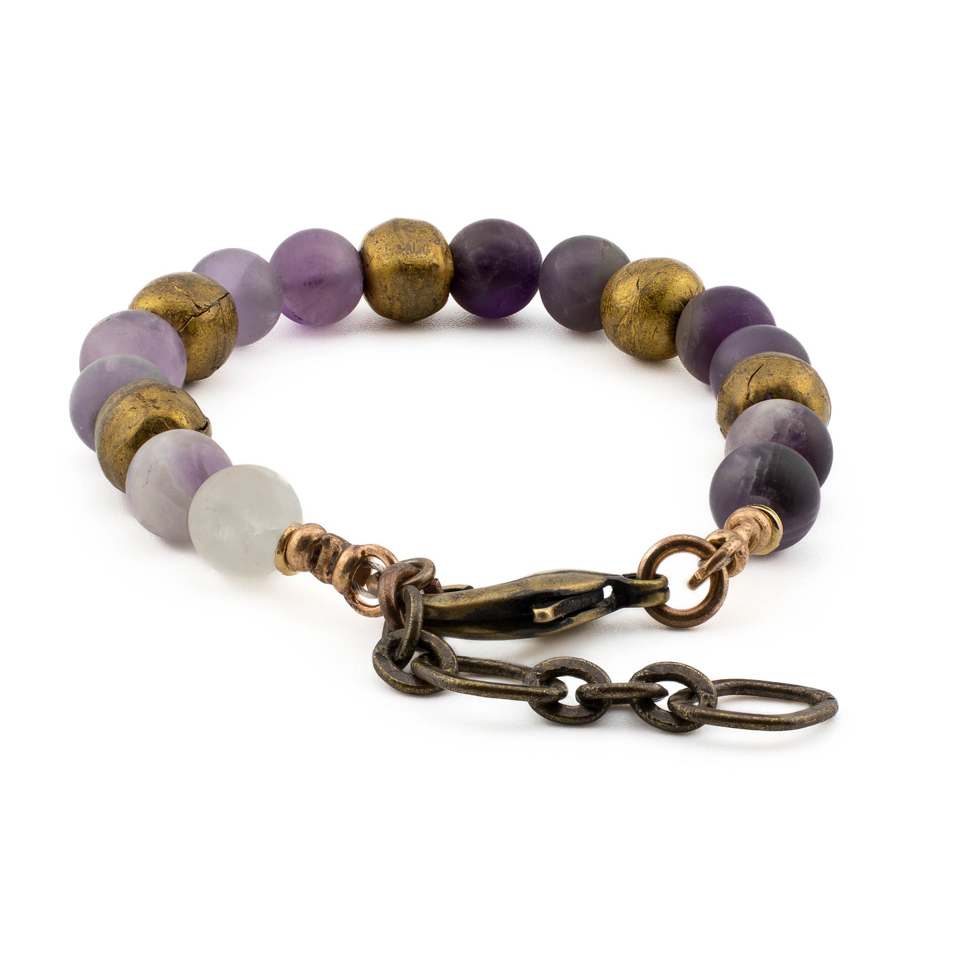 Back view of Amethyst Yoga Bracelet with bronze hardware and brass accents, artisan gemstone jewelry handmade in the US.