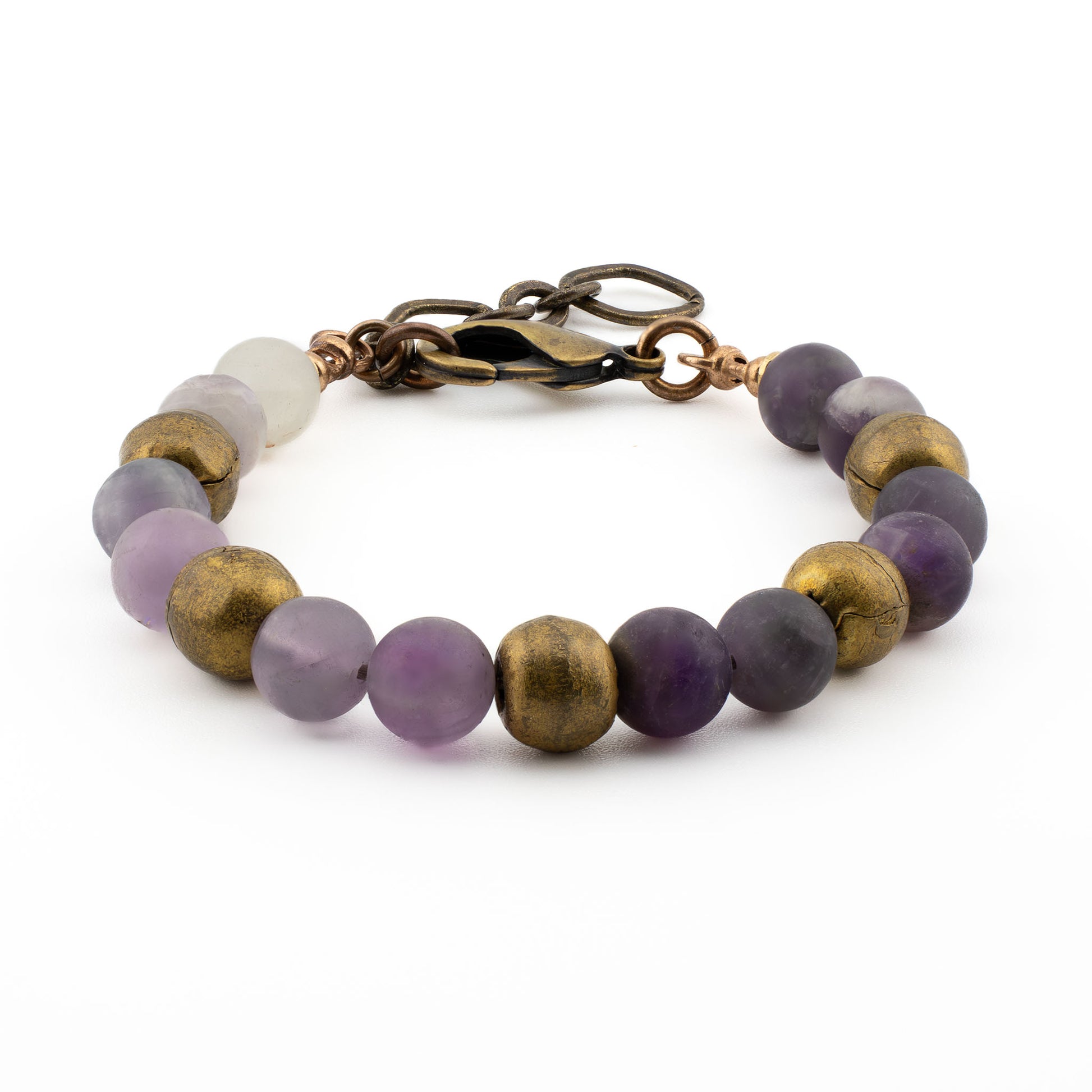 Front view of handmade Amethyst Yoga Bracelet with natural purple amethyst stones, sand cast brass beads, and bronze hardware, crafted in Austin, Texas.