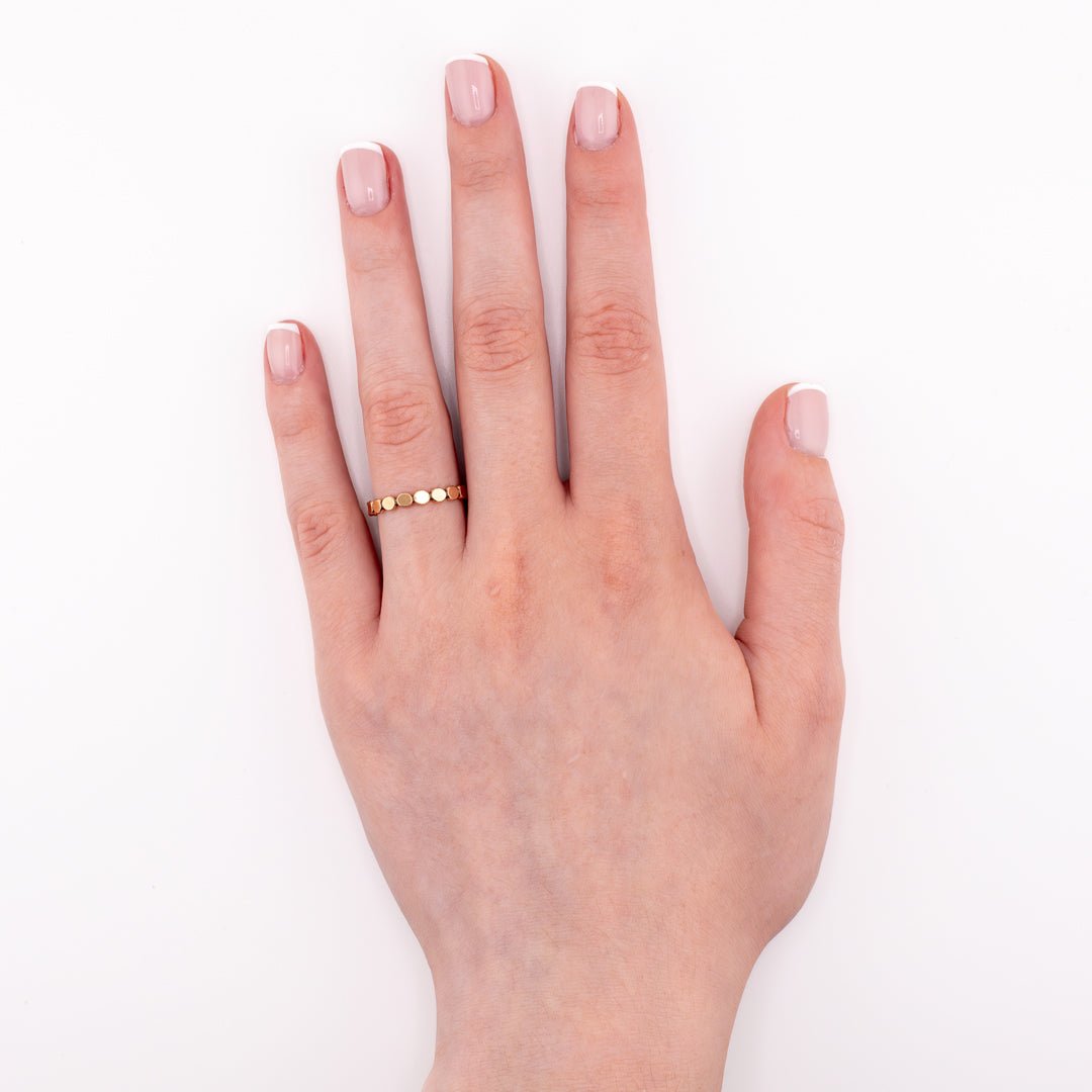 14k gold-filled Big Bubbles stacking ring worn on hand model, versatile bubble-textured jewelry for everyday wear