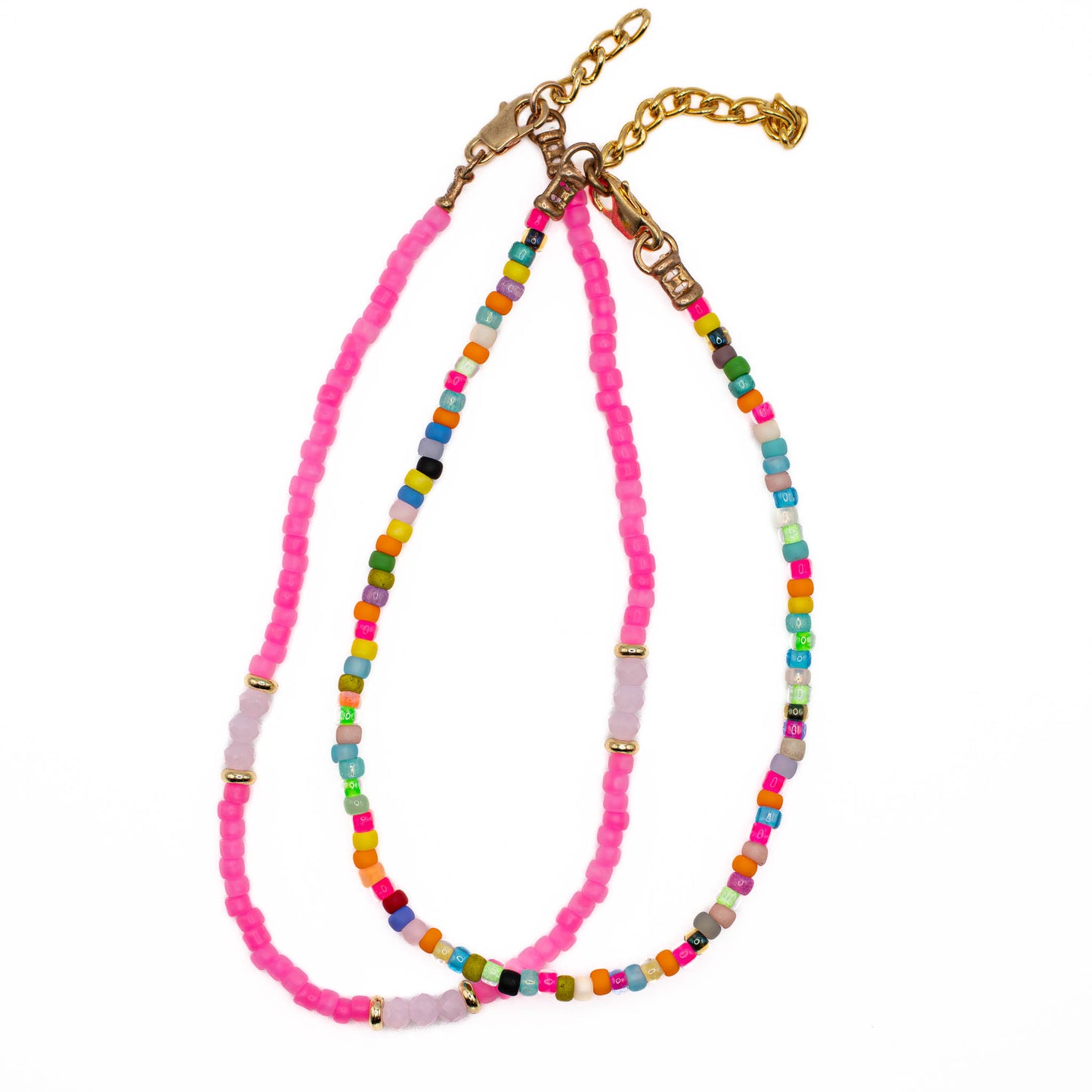 Handmade Birthday Cake and Neon Pink Seed Bead Anklets, durable multicolored glass beads with comfortable elastic fit