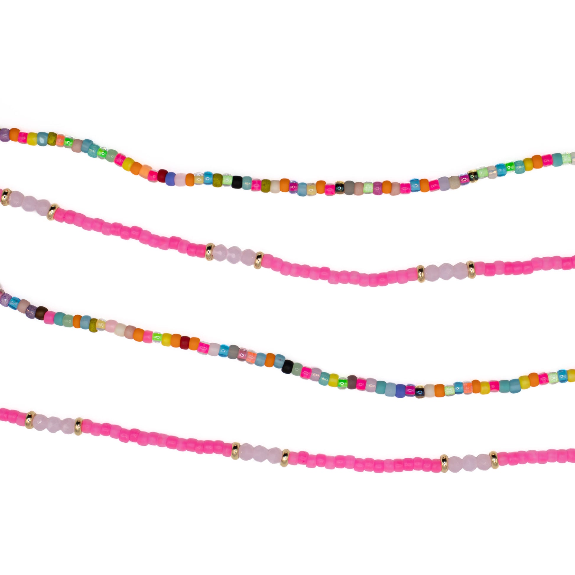 Artistic view of handmade Birthday Cake and Neon Pink Seed Bead jewelry, brightly colored boho anklet on strong elastic