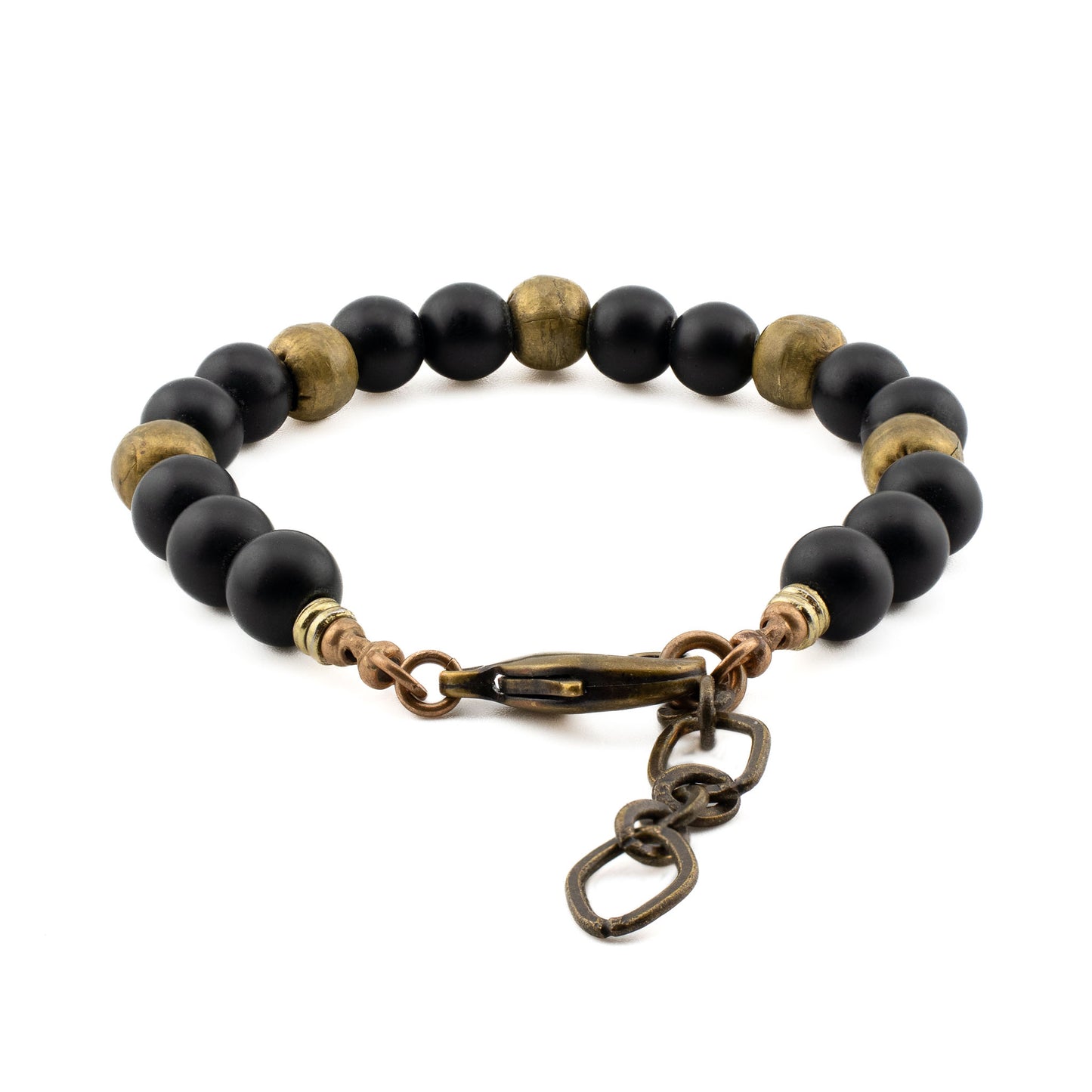 Back view of Black Onyx Yoga Bracelet with brass hardware, artisan gemstone jewelry handmade in the US.