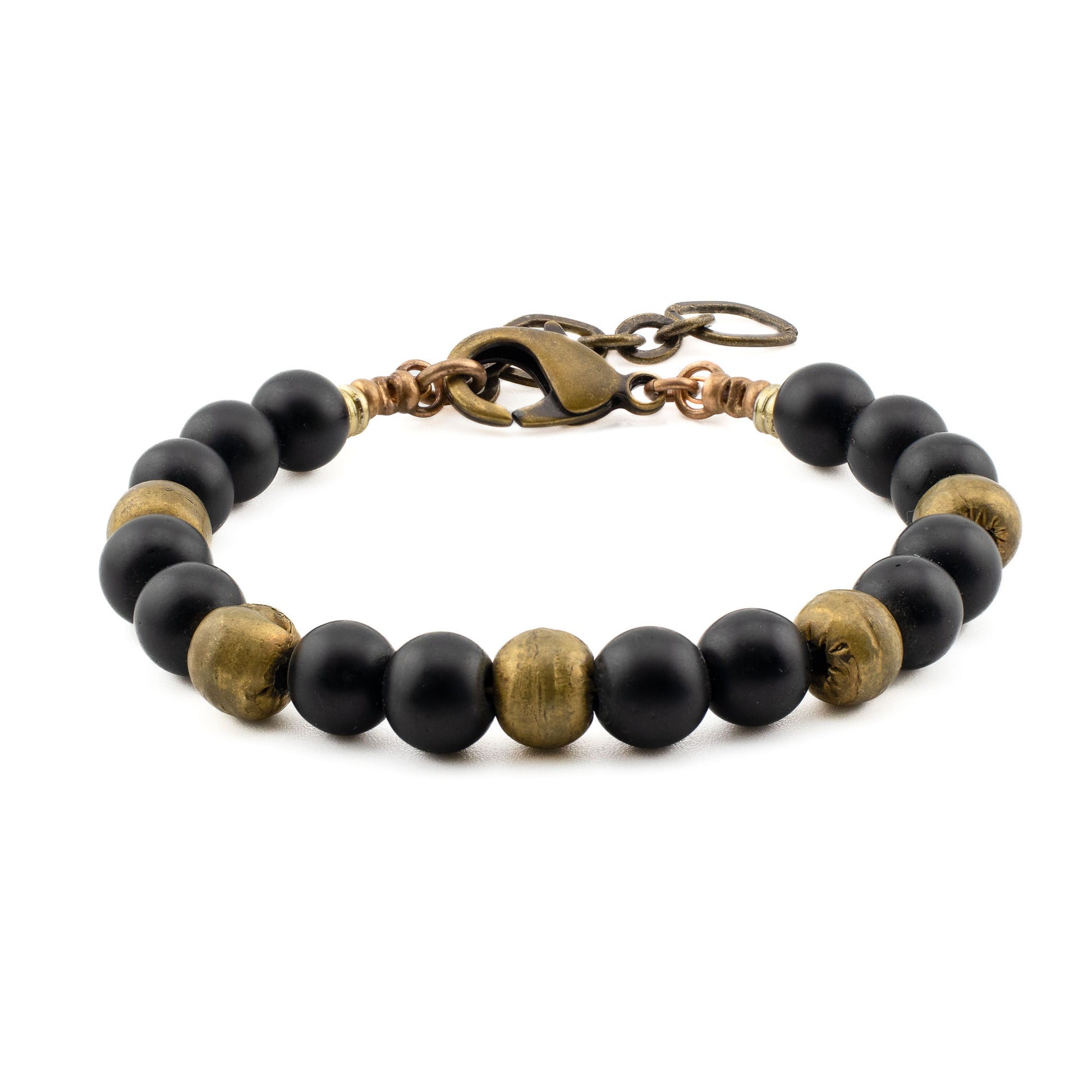 Front view of handmade Black Onyx Yoga Bracelet with natural black onyx stones and brass beads, crafted in Austin, Texas.