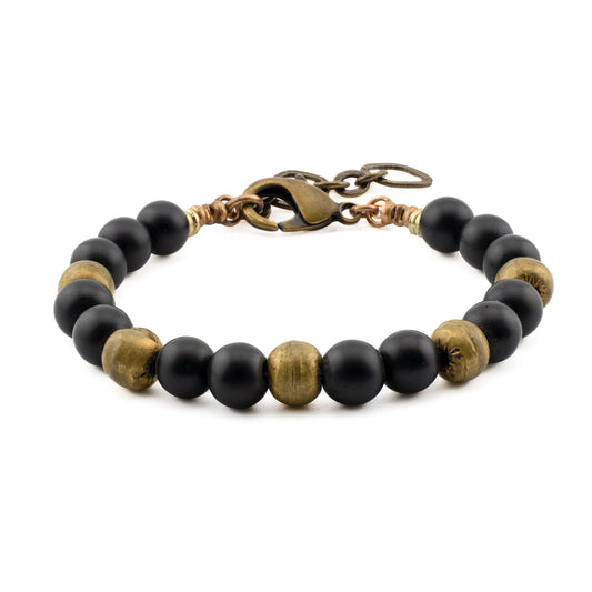 Front view of handmade Black Onyx Yoga Bracelet with natural black onyx stones and brass beads, crafted in Austin, Texas.