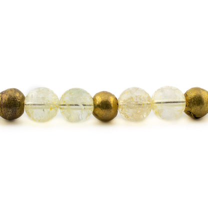 Close-up of golden-yellow citrine gemstone beads with brass bead accents, handmade yoga bracelet from Texas.