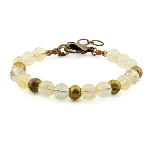Front view of handmade Citrine Yoga Bracelet with natural citrine stones, sand cast brass beads, and bronze hardware, crafted in Austin, Texas.