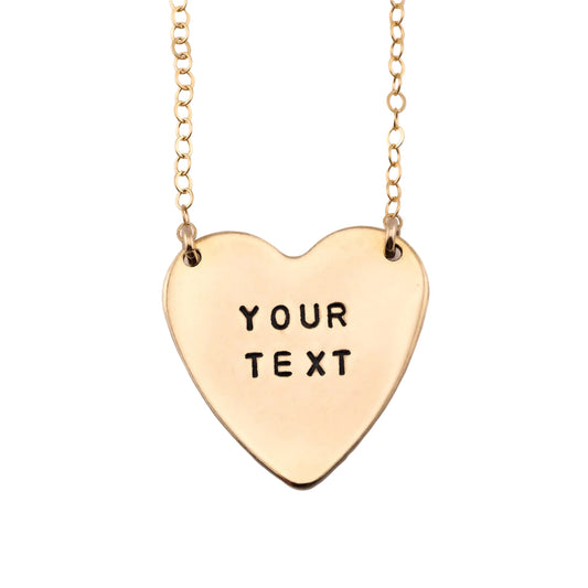 Custom gold heart necklace, stamped with name, date, saying. Handmade in usa