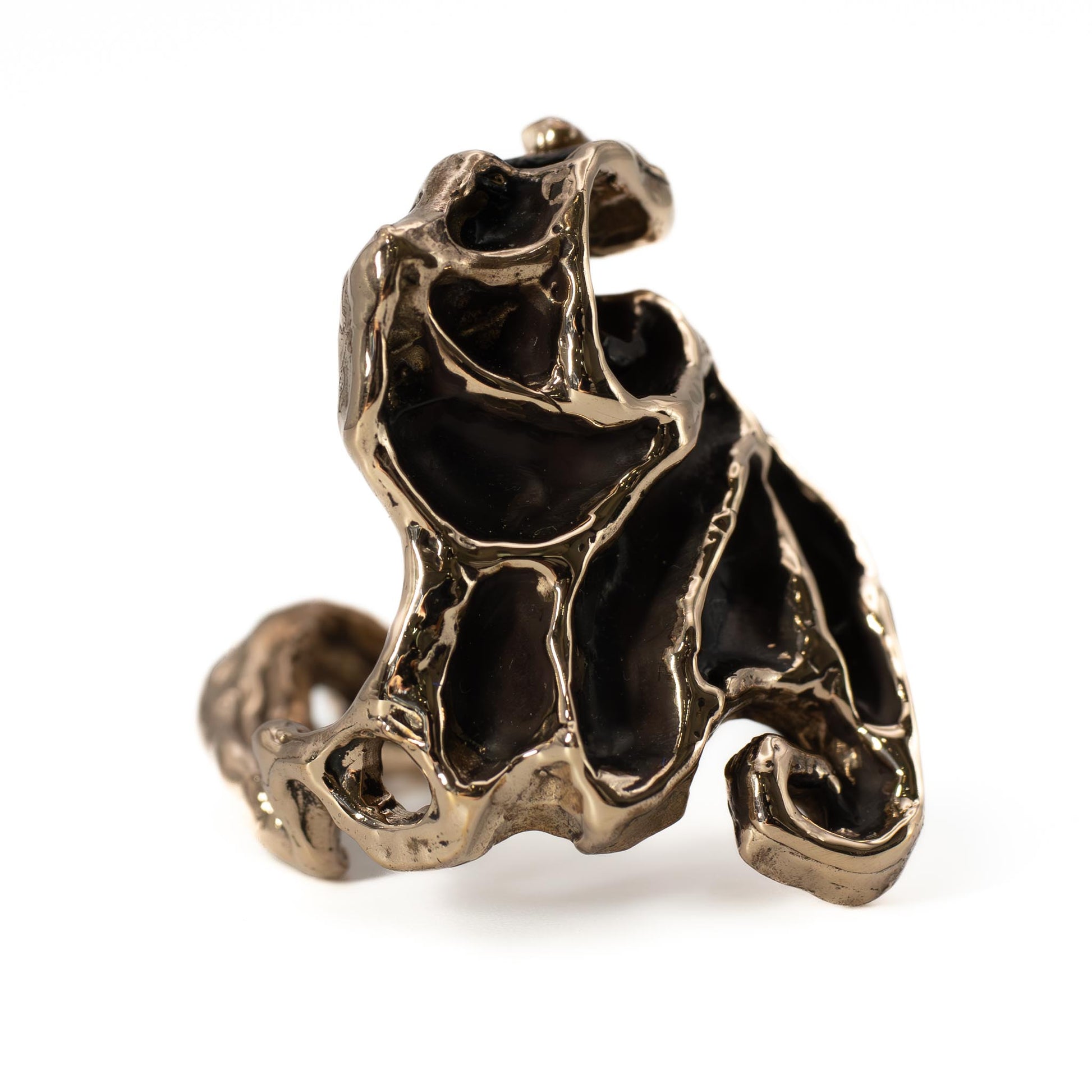 Angled view of bronze Dark Crystal Ring, funky handmade jewelry crafted in Austin, Texas