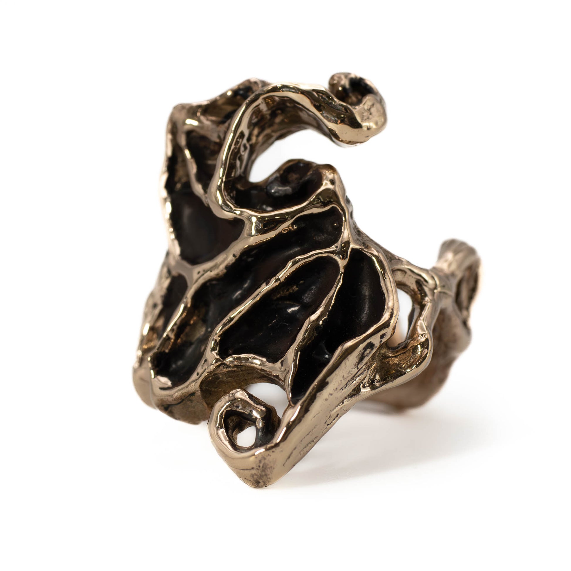 Side angle of bronze Dark Crystal Ring, fantasy-inspired artisan jewelry made in Texas
