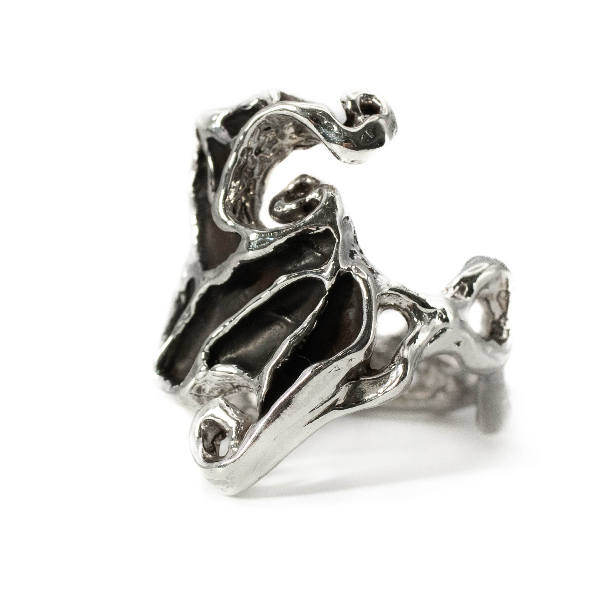 Close-up of Dark Crystal Ring in sterling silver with textured design, funky artisan jewelry from Texas