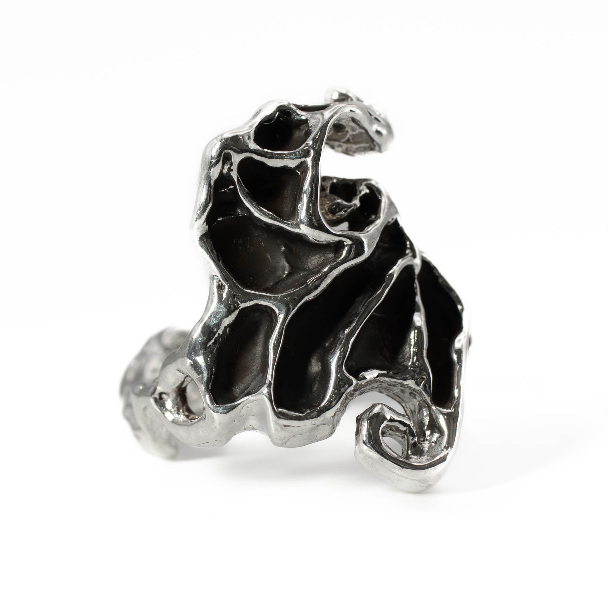 Side angle of Dark Crystal Ring in sterling silver, fantasy-inspired artisan jewelry made in Texas