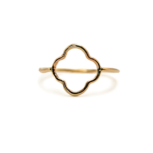 Straight-on view of gold flower ring in 14k gold-filled, minimalist stacking ring