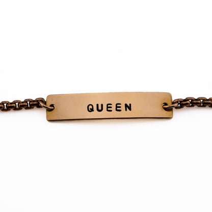 Queen hand-stamped bronze hand-stamped bracelet, handmade in Austin, close up