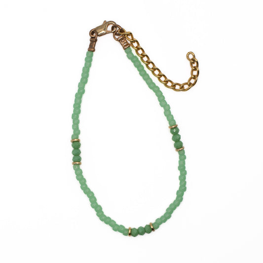 Handmade Japanese seed bead anklet with rich green jade glass beads, made in Texas USA