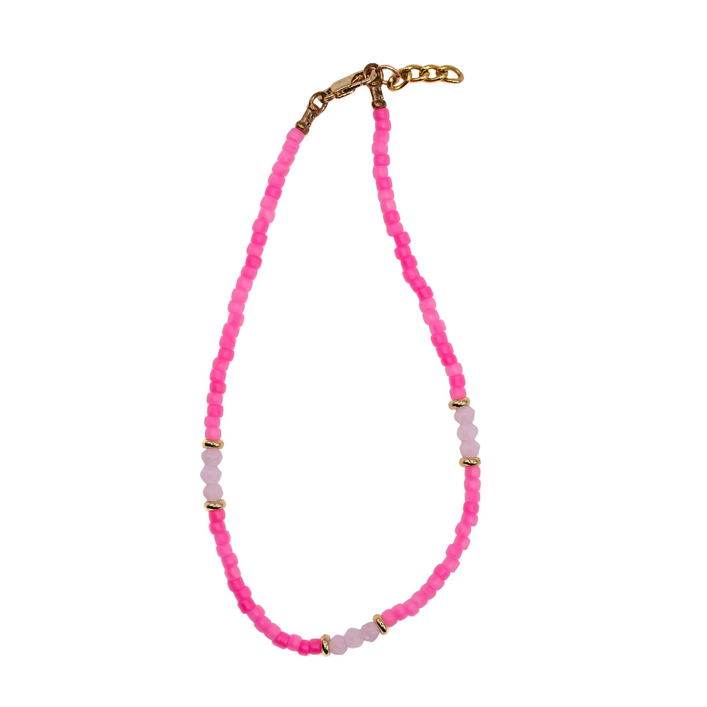 Handmade Japanese seed bead anklet with neon pink glass beads, made in Texas USA