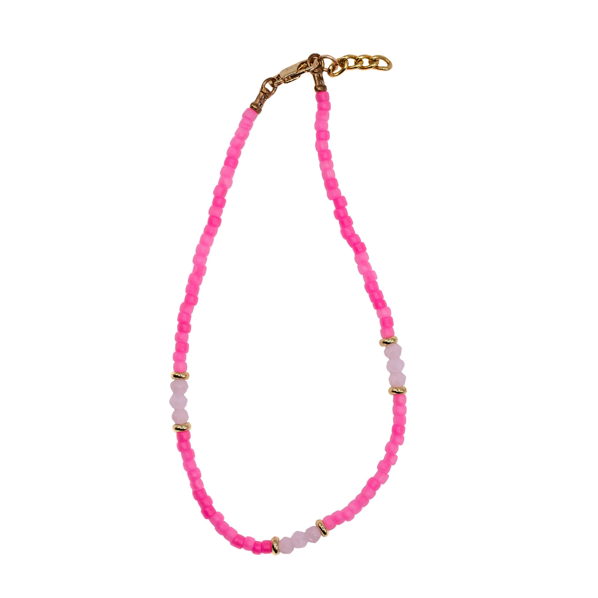 Handmade Japanese seed bead anklet with neon pink glass beads, made in Texas USA