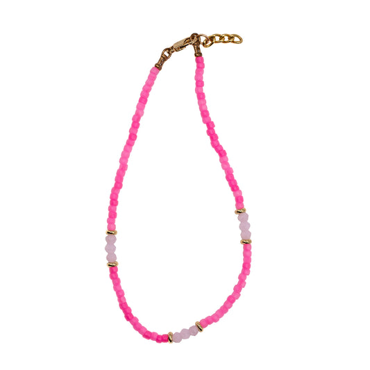 Handmade Japanese seed bead anklet with neon pink glass beads, made in Texas USA