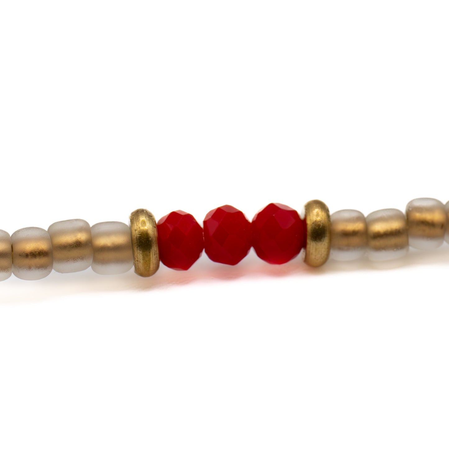 Glass seed bead anklet in tan gold and bold red, handmade jewelry gift for her from Austin up close.