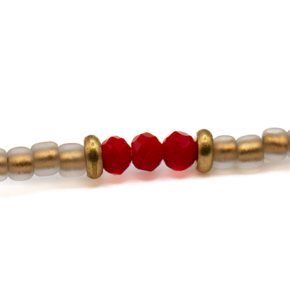 Glass seed bead anklet in tan gold and bold red, handmade jewelry gift for her from Austin up close.
