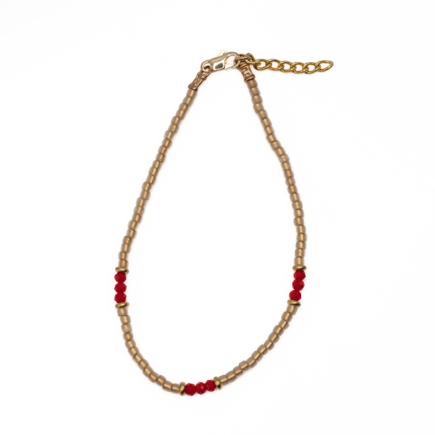 Handmade Japanese seed bead anklet in tan gold with bold red accents, made in Texas USA.