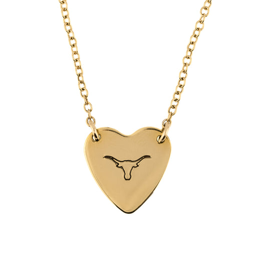 Gold heart-shaped necklace with a longhorn design on a white background